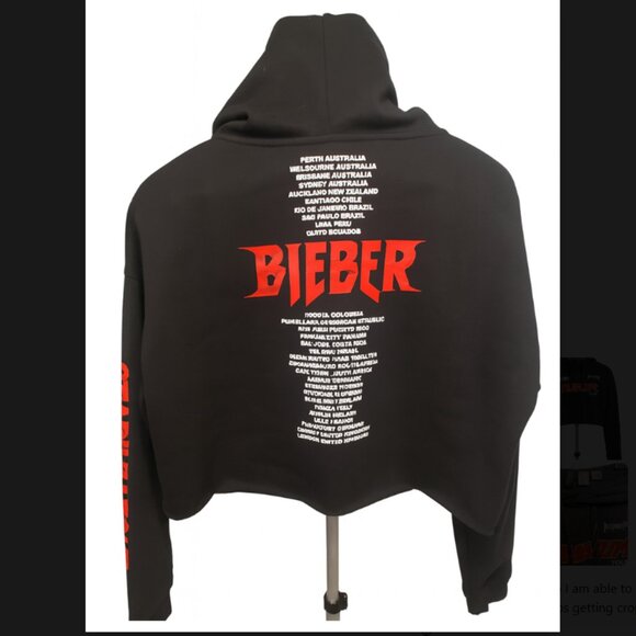 Justin Bieber x H&M Stadium Tour Cropped Hoodie Black Red Graphic Sz M - Picture 2 of 4